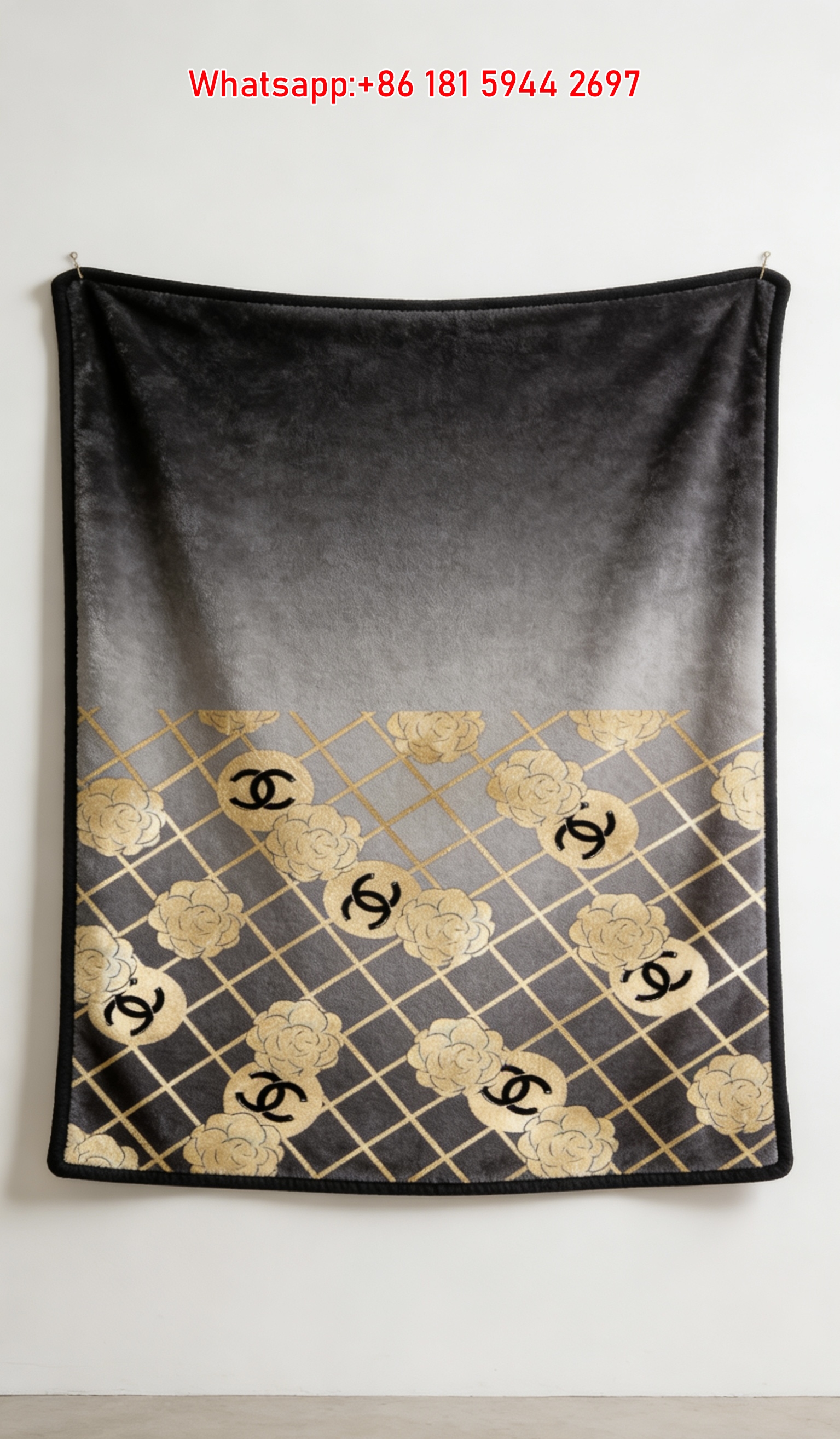 Chanel Black & Gold Camellia Grid Flannel Throw Blanket IMG_7318